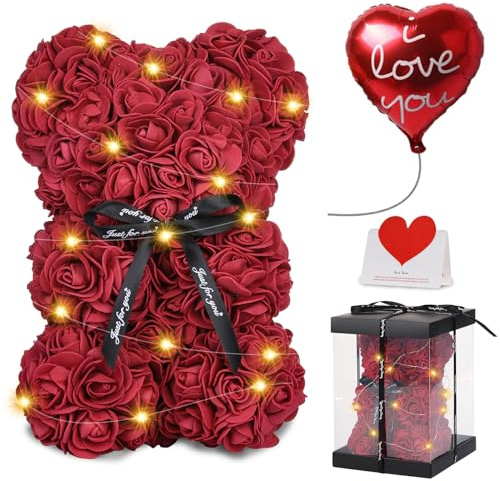 Touloube Regalo per Natale,Orso Rosa Regali Rose Teddy Bear con luci,Cute Flower Bear,Regali di compleanno di San Valentino di Natale per Ragazza con Confezione Regalo Trasparente e Biglietto d'amore
