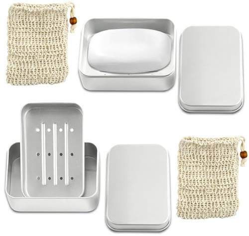 Jabonera de Aluminio con Rejilla de Goteo Extraíble y Bolsa de Sisal, Caja de Viaje, Escurridor, para Casa o Viaje
