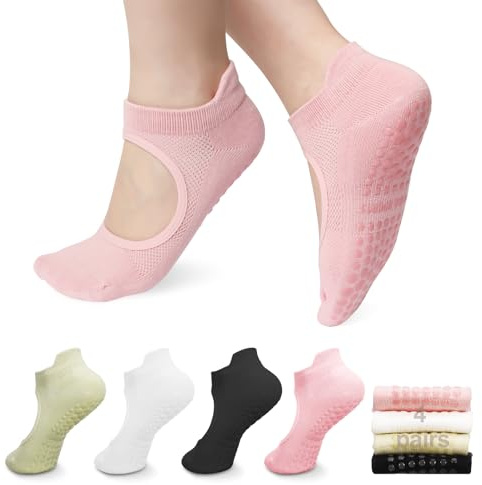 Halinuia 4 Pares de Calcetines Antideslizantes para Mujer 35-40 | para Pilates, Yoga, Ballet, Fitness, Gimnasia | Regalos de Yoga, Negro