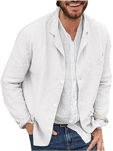 AEGJEGVD Men Linen Shirt Jacket UK Clearance Cotton Linen Casual Blazer Three Buttons Solid Color Loose Suit Jacket Sport Coat Summer Spring Shirts Comforty Lightweight Stylish Blazers Jackets