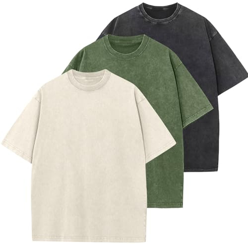 3 Pcs Oversized Heavy Cotton Summer T-Shirts Vintage Unisex Short Sleeves Casual Loose Basic Tops(Beige+ArmyGreen+Black L)