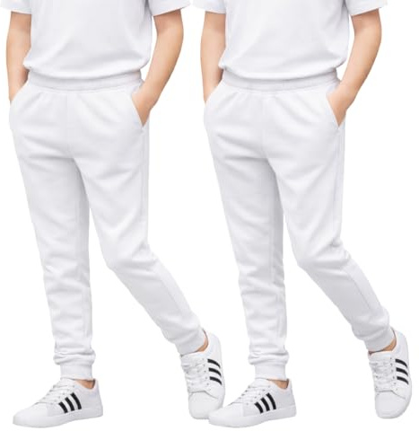 Joggers for Boys & Girls – Jogging Bottoms with Elastic Waistband & Cuffed Ankle, PE & School Trousers for Kids – Comfortable & Breathable Unisex Tracksuit Sweatpants – Black & White, Pack of 2