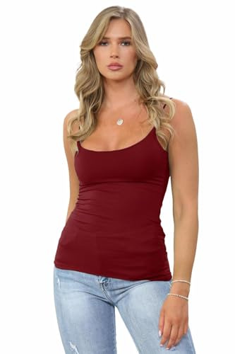 janisramone® Womens Plain Cami Strappy Bodycon Tank Tops, Sleeveless Scoop Neck Vest Tops for Women UK, Slim Fit Stretchy Gym Wear, Casual Summer Ladies Vests Wine