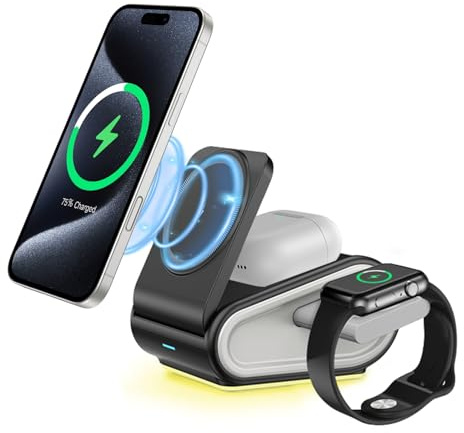 VENINGO Cargador Inalámbrico para iPhone 16/15/14/13/12/11/Pro/Max/Plus, Apple Watch, 4 en 1 Cargador Inalámbrico AirPods Wireless Charger Rápido Soporte De Carga Inalámbrico Plegable con Luz Nocturna