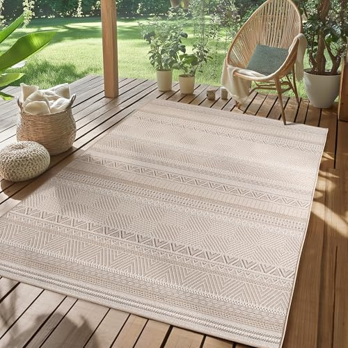 SIMPEX Alfombra Exterior Beige 140x200 cm Resistente a la Intemperie UV Fácil de Limpiar Diseño Escandinavo Boho para Cocina Balcón Terraza Jardín Salón