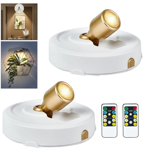 2 stycken batteridrivna strålkastare, bildljus med fjärrkontroll, dimbar timer, växtbelysning, bildljus för målning, små LED-spot-displaylampor för väggram, konstverk, darttavla