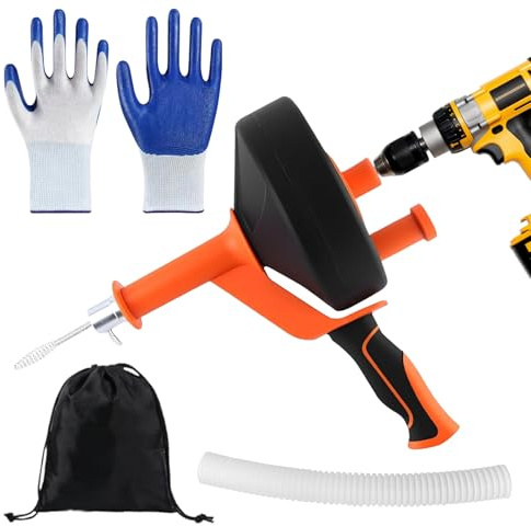 Spirale per la pulizia dei tubi, 10 m, riutilizzabile, a spirale, ideale per la pulizia dei tubi, con guanti impermeabili per cucina, lavandino, doccia e vasca da bagno