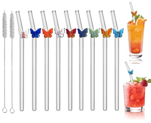 Pack of 9 Reusable Glass Straws, Glass Straws with Straw Brush, Exquisite Cocktail Glass Straws, Glass Straw with Butterflies for Milk Tea, Smoothies, Juices, Drinks, Cocktails