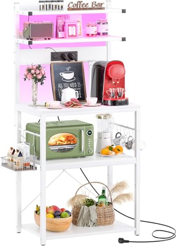 iSunirm Étagère de Cuisine avec Multiprise,Étagère pour Machine à Café,Meuble de Rangement à 4 Niveaux,Support de Micro-Ondes avec Crochets en S,40 x 60 x 147 cm,Blanc