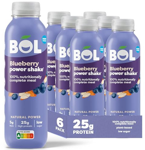 BOL Blueberry Power Shake — Ready-to-drink Nutritionally Complete Meal (300kcal) | 25g Healthy High Protein Shake Bottle | Low Sugar Plant-based Low Calorie Meal Replacement Shakes (410ml x 6 Bottles)