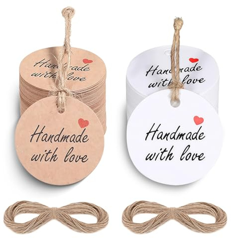 THXFUNAREA 200 Etiquetas Kraft y Blancas con Cuerda de Yute – Tags “Handmade with Love” para Regalos Navidad, Regalos Personalizados, Packaging, Manualidades, Boda, Cumpleaños y DIY