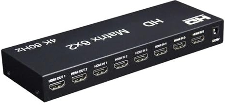 4K 6x2 60Hz HD Matrix Switch 6 in 2 ut Switch Splitter med optisk höger/vänster ljudextraktor Video for HDMI-kompatibel omvandlare för familj, bar, möte
