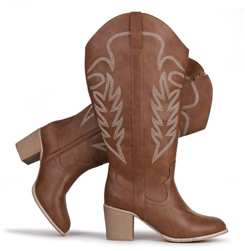 Chicblooms Women's Extra Wide Calf Cowboy Boots Embroidered Western Cowgirl Knee High Boots, Brown PU, 7.5 UK