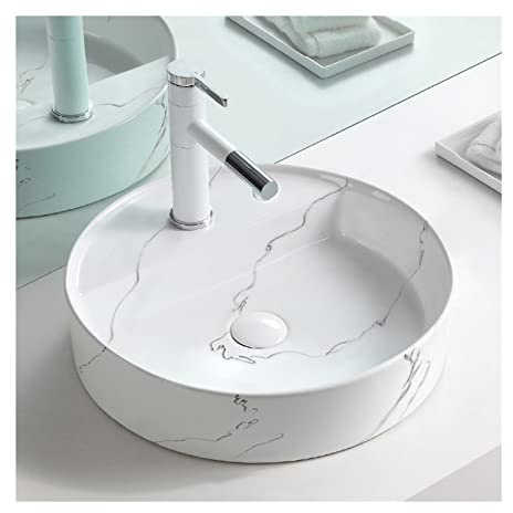 Encimera para Lavabo de Baño Fregadero pequeño de cerámica sobre encimera, lavabo moderno con diseño mármol blanco artístico, tocador baño desagüe emergente