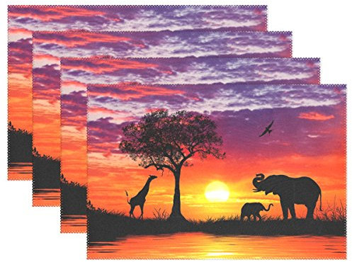 Use7 Ölgemälde Elefant Afrika Sonnenuntergang Platzdeckchen Tischmatte 30,5 x 45,7 cm Polyester Tischset Platzset für Küche Esszimmer 4er-Set