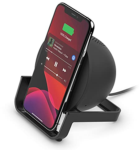 Belkin SoundForm Charge, drahtloses Ladegerät mit Lautsprecher, Bluetooth Speaker mit drahtlosem Ladeständer; laden und gleichzeitig Musik hören, Videos streamen und Videogespräche führen – Schwarz