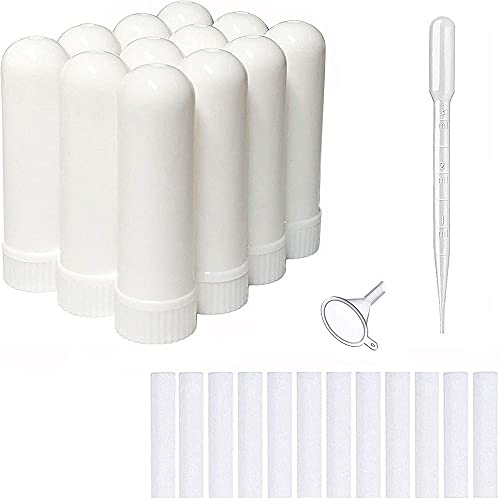 12 Pcs Essential Oil Blank Nasal Inhaler Tubes Refillable Empty Plastic White Nasal Inhalers Sticks for DIY Essential Oil and Other Liquid with 12 Pcs Cotton Wicks
