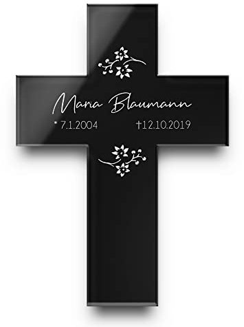 Personalisiertes Grab Kreuz mit Gravur aus Hochglanz Acrylglas - Grabstecker Grabkreuz als gravierte wetterfeste Grabdeko - schwarz o. anthrazit - Grabschmuck für Urnengrab Grab (Mit Motiven)