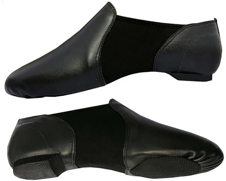 Slip On Jazz Dance Shoes - Pure Black Leather - Modern Stage Rubber Heel - Neoprene - Irish Dancing Pumps Eye Style Slipper - Girls and Women - Adult