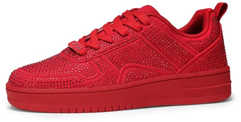 LUCKY STEP Women Fashion Sparkle Rhinestone Sneakers White Leather Low Top Tennis Shoes Lace Up Casual Comfortable Walking Shoe