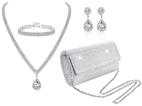 JeryWe 4Pcs Sliver frizione borsa gioielli set per le donne sera strass borsa di cristallo collana orecchini bracciali Set accessori d'argento per le donne sposa gioielli