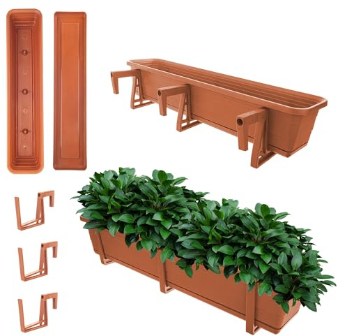 KADAX Fioriera con sottovaso in set, con o senza supporti per fioriera, vaso da balcone in plastica, cassetta per piante, fioriera per ringhiere, vaso per fiori (rosso mattone, 80 cm + supporti)