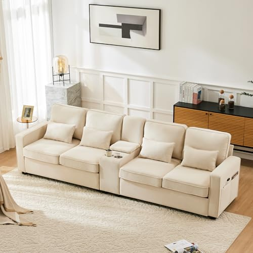 Sofá moderno de 4 plazas de lona con consola, 2 soportes para bebidas, 2 puertos USB para cargar con cable, con bolsillos para reposabrazos y 4 cojines (beige)