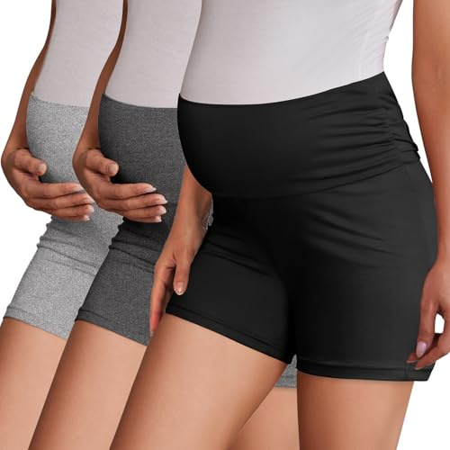 Ekouaer 3 Pack Maternity Shorts Pregnancy Shorts Comfy Lounge Pajama Sleepwear Black/Dark Heather Grey/Light Heather Grey S