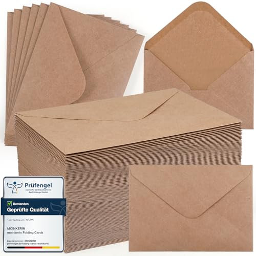 moinkerin 110 Stück Briefumschläge ohne Fenster aus Kraftpapier | DIN B6 130 g/m² Braune | 110 Stück mit Nassklebung | Für DIY, Hochzeit, Geburtstag
