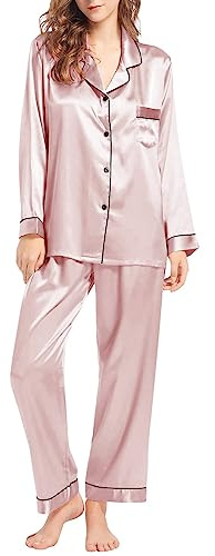 Dam satin pyjamas set lång – satin pyjamas för kvinnor plus size – nattdräkt mysig pyjamas damer nattskjortor Storbritannien sova t-shirt nattlinnen plus size pyjamas Oodie nattlinne, Rosa, 5XL