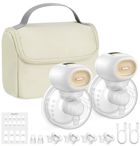 Nuliie Tire Lait Electrique Main Libre avec Sac de Rangement Portable, 4 Modes et 12 Niveaux, Tire Lait Electrique Allaitement avec Bride de 14/17/20/24/27 mm (2 Paquets, Blanc)