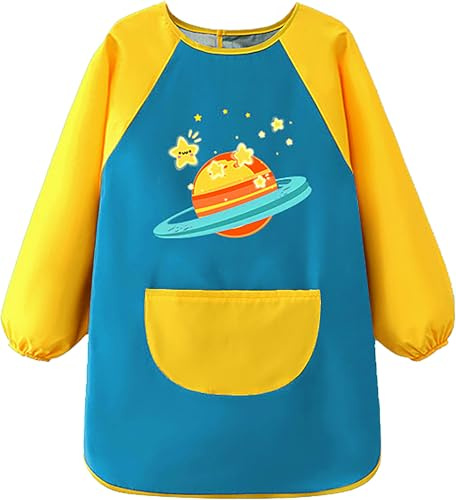 MESU Kids Art Smocks Long Sleeve Apron Waterproof Artist Painting Children Apron Green Planet XL