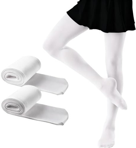 Komergave 2 Paar Ballettstrumpfhose Mädchen Weiß, Tanzstrumpfhose Weiße Ballett Strumpfhose Mädchen mit Fuß, Ultra-Stretch Ballettstrumpfhose Damen für Kinder, Schule Tanz, 120-139cm, XL