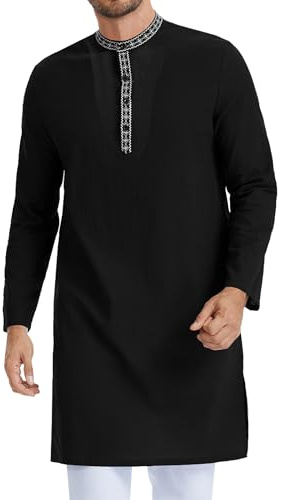 LVCBL Mens Kaftan Thobe Linen Long Sleeve Kurta Islamic Gown Abaya Kaftan Robe M-3XL