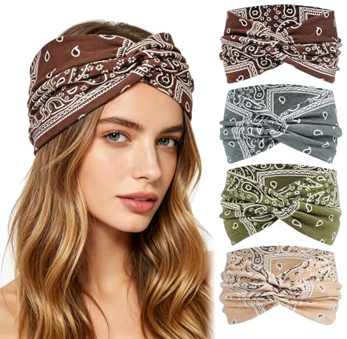 Wosyoodo 4 Pack Hair Bands for Women, Boho Summer Headbands Wide Elastic Soft Hairband for Women, Perfect for Beach Holiday, Yoga, Sports, Workout and Fashion Accessories