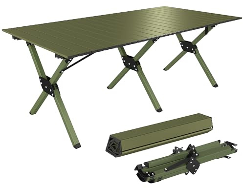 Outsunny Tavolo da Campeggio Pieghevole 116 cm, Tavolo da Picnic Impermeabile con Piano Arrotolabile e Struttura in Metallo, Portatile per Giardino, Parco, BBQ, Verde