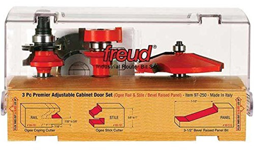 Freud 97-250: 3 Piece Premier Adjustable Cabinet Bit Set, ogee & bevel profile