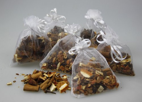 Weihnachtsdeko Weihnachts Potpourri - 6 x weiße Organzasäckchen mit je 20 g Weihnachtsgewürzen - Zimt, Sternanis, Orangenscheiben, ... - Quertee Nr. 20
