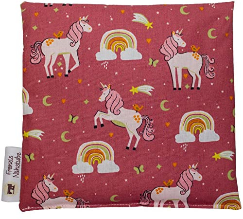 Franzis Nähstube 20x20cm Traubenkernkissen Einhorn in 100% Baumwolle I Körnerkissen Traubenkern 20x20 für Mikrowelle I Wärmekissen, Traubenkernkissen, Nackenwärmekissen