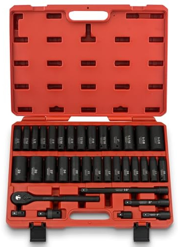 NEIKO 02446A 1/2 Impact Socket Set, 35 Piece, Deep Socket Kit Assortment, Standard SAE (3/8”-1-1/4”) and Metric MM (10-32mm) Sizes, Includes Ratchet Handle and Impact Extension Bars