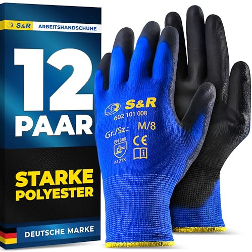 S&R Arbeitshandschuhe aus Polyesterfaser – Abriebfeste Schutzhandschuhe mit Polyurethanbeschichtung für Fein-Montage, Lager, Bau-Handwerk und Heimwerker