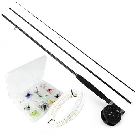 FISH-XPRO Set Completo de Pesca con Mosca de 3 Piezas caña, Carrete, línea y Moscas Artificiales - Ideal para Principiantes