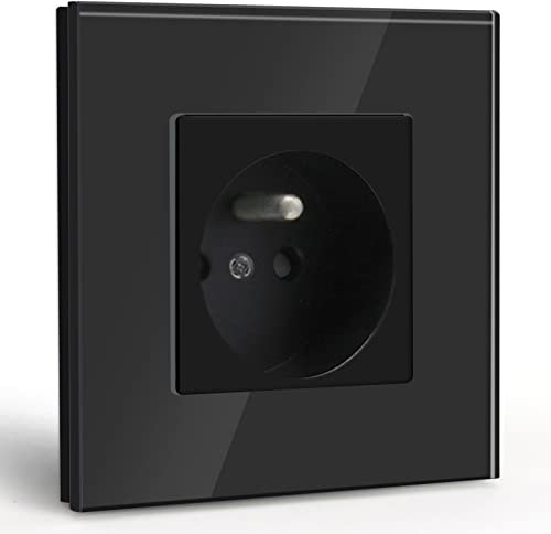 BSEED Prise Murale,Standard Français 16A Single Prise de Courant Alternatif avec Panneau en Verre Cristal (1 Prise, Noir)