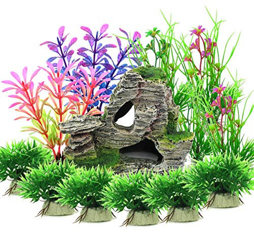 Vibury Aquarium Decoration Plants, 13 Pieces Size Plastic Aquarium Plants Decoration and Rock Polyresin Cave Ornament Decoration