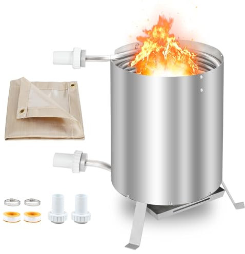 Vigevee Poolheizung mit Feuer, Poolheizung Feuertonne mit Heizspirale, 100% Edelstahl Poolheizung, 36-38mm Anschlüsse, Poolofen Heizungen für Schwimmbäder