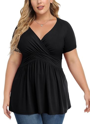 TIANZHU Plus Size Tunic Tops for Women Lightweight V-Neck Short Sleeve Baby Doll Tops with Empire Waist Casual Work Blouse, Black, Size 22-24