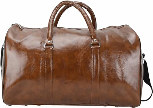 Holdfiturn Leather Travel Bag Holdall Duffle Bag Weekend Overnight Handbag Vintage Tote Portable Luggage Bag Universal Unsex for Gym Travel Vacation School Shopping 48 * 28 * 27cm (Brown)