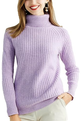 Wjnvfioo Jersey de cachemira para mujer, cuello alto, de lana merino, manga larga, para invierno, otoño, jersey, morado, M