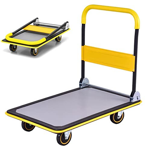 Chariot à plateforme pliable de 300 kg - Diable robuste avec poignée - Transport facile et levage lourd - Jaune (91 x 61 x 89 cm)