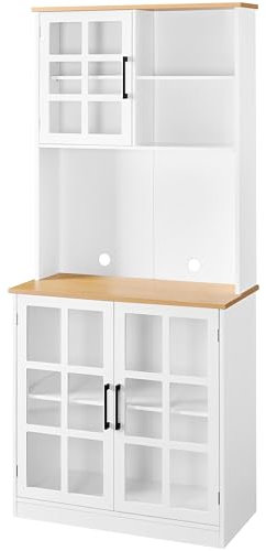 Yaheetech Alacena de Cocina Mueble Buffet Armario de Cocina Aparador de Almacenaje con Puertas de Vidrio, Estantes Ajustables 80 × 37 × 183 cm